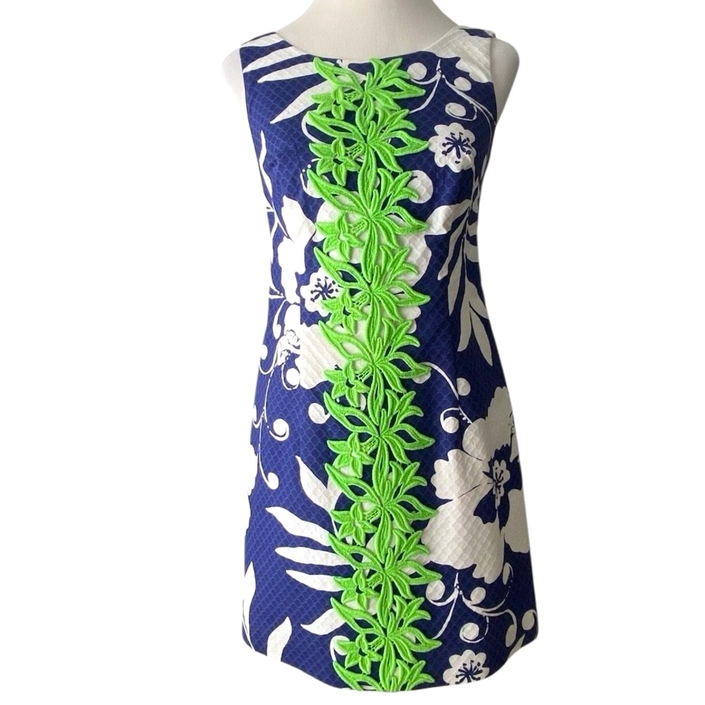 Lilly Pulitzer Delia Shift Dress Navy White Green Lace Trim Size 8